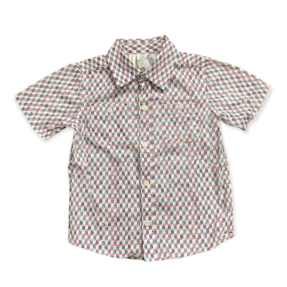 Toughskins Button Down Shirt Boys 4T Red White Blue Geometric Design